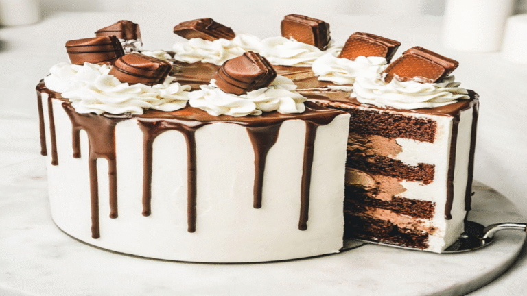 Image d'un gâteau Dripcake Kinder réalisé lors d'un atelier de cours de pâtisserie dispensé par Le Fouet Enchanté.