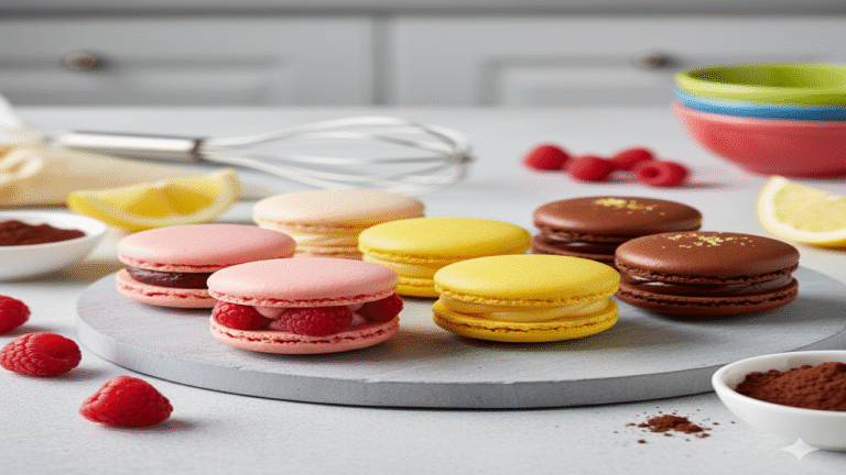 Image de biscuits macarons réalisés lors d'un atelier de cours de pâtisserie dispensé par Le Fouet Enchanté.