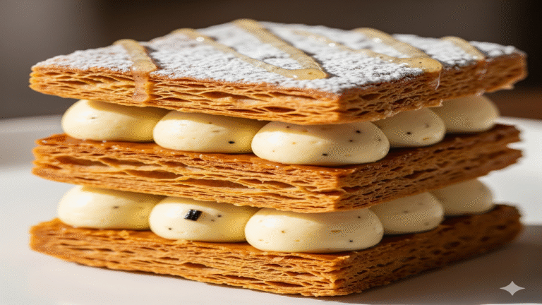 Image d'un gâteau Millefeuille réalisé lors d'un atelier de cours de pâtisserie dispensé par Le Fouet Enchanté.