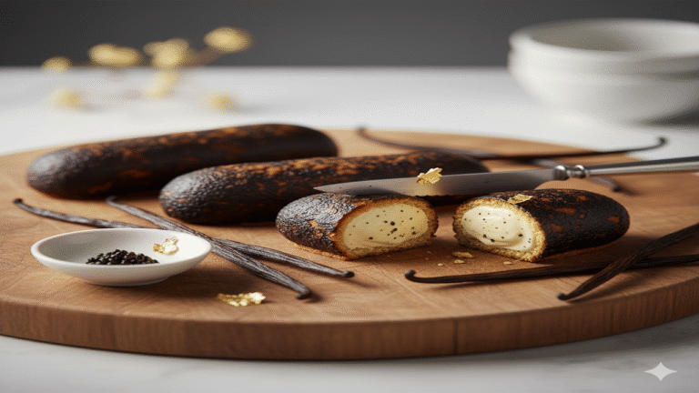 Image de pâtisseries en trompe l'œil représentant des gousses de vanille. la réalisation de ce trompe l'œil vous est proposé lors d'un atelier de cours de pâtisserie dispensé par Le Fouet Enchanté.